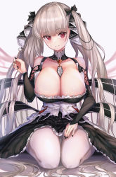 Rule 34 | azur lane, bare shoulders, black dress, black nails, bow, breasts, brown hair, cleavage, dress, formidable (azur lane), frilled dress, frills, gu luco, hair ribbon, highres, kneeling, large breasts, long hair, nail polish, off-shoulder dress, off shoulder, red eyes, ribbon, solo, twintails, two-tone dress, two-tone ribbon, very long hair