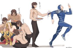 Rule 34 | 6+boys, armor, blonde hair, blue hair, brown hair, clone, cowering, cu chulainn (fate), cu chulainn (fate/stay night), fate/stay night, fate (series), feeding, food, gilgamesh (fate), grabbing another&#039;s hair, highres, jewelry, kotomine kirei, mapo tofu, multiple boys, multiple persona, necklace, ponytail, running, spoon, topless male, translated, uuruung