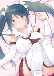 Rule 34 | 1girl, bed, breasts, brown neckerchief, detached sleeves, green eyes, grey hair, isuzu (kancolle), kantai collection, large breasts, long hair, looking at viewer, lying, neckerchief, one-hour drawing challenge, pleated skirt, red skirt, revision, saiki yuzuri, sailor collar, school uniform, serafuku, skirt, solo, thighhighs, twintails, white sailor collar, white thighhighs