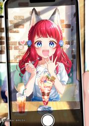 Rule 34 | 1girl, animal ears, artist name, blouse, blue eyes, blurry, blush, braid, collar, collarbone, collared shirt, commentary request, commission, drink, drinking straw, flower, frilled collar, frills, hair flower, hair ornament, hands up, heart, highres, holding, holding spoon, ice, indie virtual youtuber, indoors, jewelry, long hair, looking at viewer, nail polish, necklace, open hand, parfait, fake phone screenshot, pov, puffy short sleeves, puffy sleeves, red hair, sakamichi noboru, senotarou, shirt, shirt tucked in, short sleeves, sitting, smile, solo focus, spoon, table, tail, teeth, upper body, upper teeth only, virtual youtuber, white shirt, window