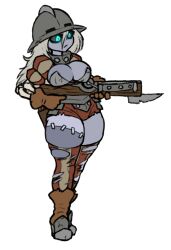 Rule 34 | 1girl, areola slip, armor, armored boots, blue eyes, boots, bow (weapon), breastless clothes, breastplate, breasts, breasts squeezed together, cameltoe, concept art, crossbow, darkest dungeon, faulds, full body, gloves, gorget, grey hair, hair between eyes, helmet, high heels, holding, holding crossbow, holding weapon, kettle helm, large breasts, long hair, puffy short sleeves, puffy sleeves, shirt, short sleeves, shorts, skeletal arm, solo, standing, striped clothes, striped shirt, striped thighhighs, thick thighs, thighhighs, thighs, torn clothes, torn thighhighs, transparent background, two-tone shirt, two-tone thighhighs, undead, weapon, xelsword