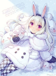 Rule 34 | 1girl, :3, animal, animal ears, black hairband, black mittens, blush, capelet, checkered clothes, checkered legwear, closed mouth, commentary request, copyright request, dress, fur-trimmed capelet, fur-trimmed dress, fur-trimmed sleeves, fur trim, hagino kouta, hair between eyes, hairband, long hair, long sleeves, looking at viewer, mittens, pantyhose, rabbit, rabbit ears, red eyes, smile, snow, snowing, solo, very long hair, white capelet, white dress, white hair