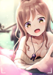 Rule 34 | 10s, 1girl, bang dream!, bare shoulders, blurry, blurry background, blush, breasts, brown eyes, brown hair, cleavage, downblouse, getsuyou yasumi, head tilt, highres, imai lisa, long hair, looking at viewer, medium breasts, necktie, no bra, off shoulder, open mouth, outstretched hand, smile, solo, sweater