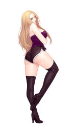 Rule 34 | 1girl, ass, black shorts, blonde hair, boots, breasts, brown footwear, closed mouth, dolphin shorts, from behind, full body, grey eyes, high heel boots, high heels, large breasts, long hair, looking at viewer, looking to the side, original, shorts, simple background, siun, solo, standing, standing on one leg, thigh boots, thighhighs, white background