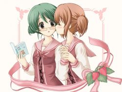 Rule 34 | 00s, 2girls, blush, book, brown hair, chisato (missing park), drill hair, closed eyes, glasses, green hair, holding hands, hyuuga kizuna, kiss, multiple girls, natsume remon, school uniform, short twintails, strawberry panic!, twintails, yuri