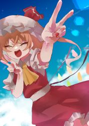 Rule 34 | 1girl, absurdres, ascot, blonde hair, blue sky, blush, closed eyes, cowboy shot, dress, flandre scarlet, hat, highres, medium hair, mob cap, outdoors, red dress, red nails, rokka (rokka937), side ponytail, sky, smile, solo, touhou, v, yellow ascot