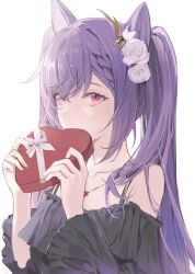 Rule 34 | 1girl, absurdres, bare shoulders, black dress, box, braid, collarbone, cone hair bun, dress, flower, frilled sleeves, frills, genshin impact, gift, gift box, hair bun, hair flower, hair ornament, hashtag-only commentary, heart-shaped box, highres, holding, holding box, jewelry, keqing (genshin impact), long hair, long sleeves, looking at viewer, pendant, pink eyes, purple hair, simple background, solo, twintails, white background, yamiiv
