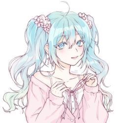 Rule 34 | 1girl, ahoge, aqua eyes, aqua hair, blush, breasts, closed mouth, collarbone, commentary, eyelashes, flower, gradient hair, green hair, hair between eyes, hair flower, hair ornament, hair scrunchie, hands up, hatsune miku, highres, holding, jacket, lips, long sleeves, looking at viewer, multicolored hair, off shoulder, piiman (yozx15), pink hair, pink jacket, pink ribbon, ribbon, scrunchie, shadow, shirt, sidelocks, signature, simple background, sleeves past wrists, solo, tank top, twintails, upper body, vocaloid, white background, white shirt
