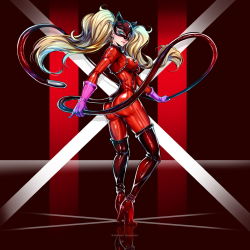 Rule 34 | 1girl, ass, blonde hair, blue eyes, bodysuit, breasts, highres, long hair, persona, persona 5, solo, takamaki anne, twintails, whip