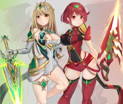 Rule 34 | 2girls, aegis sword (xenoblade), blonde hair, breasts, circlet, cleavage, cleavage cutout, closed mouth, clothing cutout, commentary request, core crystal (xenoblade), earrings, energy blade, energy sword, feet out of frame, foot out of frame, gatchan, glowing, glowing sword, glowing weapon, highres, holding, holding sword, holding weapon, jewelry, large breasts, legs, long hair, looking at viewer, medium breasts, medium hair, multiple girls, mythra (xenoblade), pyra (xenoblade), red eyes, red hair, simple background, sword, weapon, xenoblade chronicles (series), xenoblade chronicles 2, yellow eyes