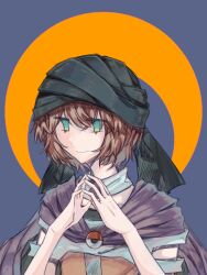 Rule 34 | 1other, androgynous, bandana, black bandana, black cape, black shirt, blue background, blue eyes, brown hair, cape, chinese commentary, cine hamal, closed mouth, collar, collarbone, commentary request, detached collar, eye of senri, highres, jacket, kuzu suzumi, len&#039;en, looking at viewer, open clothes, open jacket, orange jacket, own hands together, purple scarf, scarf, shirt, short hair, sleeveless, sleeveless jacket, sleeveless shirt, smile, sryou548, upper body, white collar