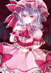 Rule 34 | bat wings, blouse, brooch, commentary request, frilled cuffs, frilled hat, frilled shirt, frilled shirt collar, frilled skirt, frilled sleeves, frills, hand on own chest, hand on own leg, hat, jaku sono, jewelry, light purple hair, looking at viewer, medium hair, mob cap, pink eyes, pink shirt, puffy short sleeves, puffy sleeves, purple shirt, purple skirt, remilia scarlet, ribbon-trimmed skirt, ribbon trim, shirt, short sleeves, skirt, skirt set, solo, touhou, wings, wrist cuffs