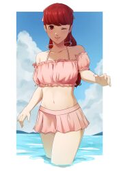 Rule 34 | 1girl, absurdres, bikini, bikini skirt, blue sky, blush, bow, cloud, day, ehe02750888, hair bow, highres, long hair, looking at viewer, navel, one eye closed, outdoors, parted lips, partially submerged, persona, persona 5, persona 5 the royal, pink bikini, pink bow, ponytail, red eyes, red hair, sky, smile, solo, swimsuit, water, yoshizawa kasumi