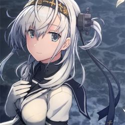 Rule 34 | 1girl, bad id, bad twitter id, blue eyes, bodysuit, breasts, clothes writing, gloves, hachimaki, hair between eyes, hand on own chest, headband, kantai collection, long hair, lowres, official art, one side up, sailor collar, school uniform, shizuma yoshinori, silver hair, solo, suzutsuki (kancolle), white gloves