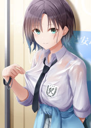 Rule 34 | 1girl, asakura toru, black necktie, blue hair, blue nails, bracelet, brown hair, clothes around waist, clothes pull, collared shirt, gradient hair, green hair, grey skirt, highres, idolmaster, idolmaster shiny colors, jewelry, kamelie, looking at viewer, multicolored hair, nail polish, necktie, pulling own clothes, school uniform, shirt, shirt pull, short hair, skirt, solo, sweater, sweater around waist, wet, wet clothes, white shirt