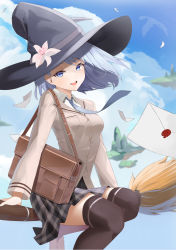 Rule 34 | 1girl, :d, absurdres, bag, black thighhighs, blouse, blue eyes, blue hair, blue necktie, blue sky, broom, broom riding, cloud, collared shirt, day, floating hair, flower, grey hat, grey jacket, grey ribbon, grey skirt, guntree, hat, hat flower, hat ribbon, highres, jacket, letter, long hair, long sleeves, looking at viewer, miniskirt, necktie, open mouth, original, outdoors, plaid, plaid skirt, pleated skirt, ribbon, school uniform, shirt, skirt, sky, smile, solo, thighhighs, white flower, white shirt, wing collar, witch, witch hat, zettai ryouiki