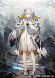 Rule 34 | 1girl, anklet, breasts, chunithm, dress, gloves, gun, hair ornament, holding, holding gun, holding weapon, jacket, jewelry, kodama (wa-ka-me), looking at viewer, official art, parted lips, red gloves, ruins, silver hair, solo, weapon, white dress, white eyes