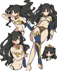 Rule 34 | bad id, bad twitter id, bare shoulders, black hair, breasts, chibi, crown, earrings, fate/grand order, fate (series), hair ribbon, highres, hoop earrings, ishtar (fate), ishtar (fate), jewelry, long hair, medium breasts, multiple persona, multiple views, navel, red eyes, ribbon, simple background, single thighhigh, teshima nari, thighhighs, tohsaka rin, white background