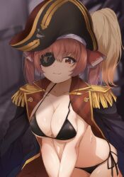 1girl arrow_through_heart bicorne bikini black_bikini blush breasts cleavage closed_mouth collarbone commentary_request cowboy_shot epaulettes eyepatch hair_between_eyes hair_ribbon hal9500 hat highres hololive houshou_marine jacket large_breasts leaning_forward long_hair long_sleeves looking_at_viewer navel open_clothes pirate_hat red_eyes red_hair red_jacket red_ribbon ribbon side-tie_bikini_bottom skindentation smile solo string_bikini swimsuit twintails v_arms virtual_youtuber wing_collar