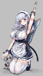 Rule 34 | 1girl, apron, azur lane, bare shoulders, black hairband, blush, breasts, character doll, clothing cutout, dido (azur lane), frills, hairband, hey taisyou, highres, jewelry, large breasts, long hair, looking at viewer, pink eyes, silver hair, sirius (azur lane), sleeveless, solo, sword, thighhighs, underboob, underboob cutout, waist apron, weapon, white apron, white thighhighs