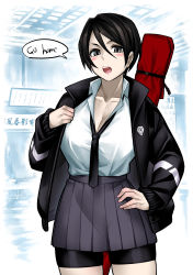 Rule 34 | 1girl, absurdres, bike shorts, black hair, black necktie, black shorts, blush, breasts, cleavage, collarbone, collared shirt, commentary, english text, grey eyes, grey skirt, hand on own hip, highres, jacket, large breasts, looking at viewer, loose necktie, necktie, open clothes, open jacket, open mouth, original, pleated skirt, school uniform, sheath, shirt, short hair, shorts, shorts under skirt, skirt, solo, speech bubble, standing, track jacket, upper body, weapon, weapon on back, white shirt, yotaro