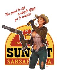 Rule 34 | belt, blue eyes, bottle, break action, breasts, cleavage, cowboy hat, deltamagna, denim, drinking, fallout (series), fallout new vegas, gun, hat, highres, holding, holding bottle, jacket, jeans, jewelry, large breasts, lipstick, looking at viewer, makeup, necklace, open clothes, open jacket, pants, red hair, root beer, rose of sharon cassidy, shotgun, shotgun shell, signature, sunset sarsaparilla, unbuttoned, weapon, white background