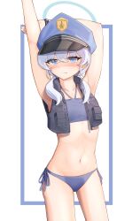 Rule 34 | 1girl, absurdres, arms up, bikini, blue archive, blue bikini, blue eyes, blue halo, blue hat, blush, closed mouth, cowboy shot, fang, flat chest, grey hair, halo, hat, highres, long hair, navel, peaked cap, ricke 2002, side-tie bikini bottom, skin fang, solo, swimsuit, valkyrie police academy student (blue archive)