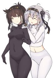 Rule 34 | 2girls, :d, ^ ^, ahoge, anchor symbol, black bodysuit, black headband, blush, bodysuit, breasts, brown hair, cameltoe, closed eyes, clothes writing, hair flaps, hair ornament, hairband, hands on another&#039;s shoulders, hatsuzuki (kancolle), headband, kantai collection, long hair, looking at another, medium breasts, multiple girls, nakadori (movgnsk), navel, open mouth, panties, panties under pantyhose, pantyhose, short hair, simple background, smile, suzutsuki (kancolle), underwear, underwear only, white background, yellow eyes