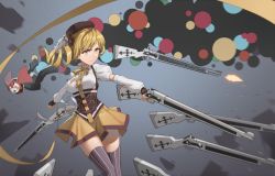Rule 34 | 1girl, blonde hair, breasts, charlotte (madoka magica), corset, detached sleeves, drill hair, fingerless gloves, gloves, grey background, gun, hat, jiachong jun z, large breasts, magical girl, magical musket, mahou shoujo madoka magica, mahou shoujo madoka magica (anime), neck ribbon, ribbon, skirt, solo, soul gem, striped clothes, striped thighhighs, thighhighs, tomoe mami, vertical-striped clothes, vertical-striped thighhighs, weapon, yellow eyes, zettai ryouiki