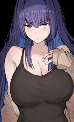 Rule 34 | 1girl, alternate costume, black background, black shirt, blue eyes, blue hair, blush, breasts, cardigan, cleavage, colored inner hair, commentary, grey cardigan, hand on own chest, highres, hololive, hololive english, large breasts, long hair, multicolored hair, ouro kronii, sak1 01, shirt, sidelocks, solo, symbol-only commentary, virtual youtuber