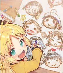 Rule 34 | :d, blonde hair, character request, charlotte izoard, child&#039;s drawing, crayon, drawing, from above, from behind, green eyes, holding, long hair, long sleeves, looking at viewer, looking back, looking up, open mouth, paper, ryuuou no oshigoto!, shirabi, shirt, smile, star (symbol), two side up, yellow shirt