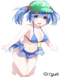 Rule 34 | 1girl, barefoot, bikini, blue bikini, blue eyes, blue hair, blush, breasts, cleavage, colorized, fang, female focus, hair bobbles, hair ornament, hat, jumping, kawashiro nitori, key, large breasts, looking at viewer, matching hair/eyes, navel, open mouth, panties, simple background, sketch, smile, solo, swimsuit, touhou, twintails, twitter username, two side up, underwear, white background, wowoguni
