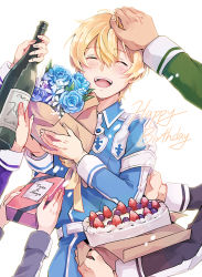 Rule 34 | 1boy, 4others, birthday, blonde hair, blue flower, blue rose, blush, cake, closed eyes, commentary request, eugeo, flower, food, fruit, hand on another&#039;s head, happy birthday, headpat, holding, long sleeves, male focus, military, military uniform, multiple others, open mouth, out of frame, rose, short hair, shoura, simple background, smile, solo focus, strawberry, sword art online, sword art online: alicization, teeth, uniform, upper body, upper teeth only, white background