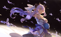 Rule 34 | 1girl, bare shoulders, blue eyes, blue flower, blue rose, blush, bouquet, breasts, bridal veil, cleavage, draph, dress, ecien, elbow gloves, floating hair, flower, gloves, granblue fantasy, hair ornament, hair over one eye, highres, holding, holding bouquet, horns, large breasts, leotard, long hair, looking at viewer, low tied hair, narmaya (granblue fantasy), open mouth, pointy ears, purple hair, rose, smile, solo, strapless, strapless dress, thighhighs, veil, wedding dress, wind