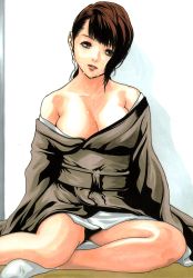 Rule 34 | 1girl, breasts, brown eyes, brown hair, highres, japanese clothes, kimono, large breasts, short hair, solo, tears