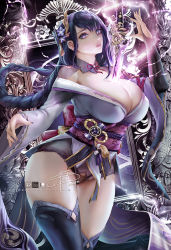 Rule 34 | 1girl, braid, breasts, bridal gauntlets, cleavage, coattails, commentary request, electricity, flower, genshin impact, hair ornament, human scabbard, japanese clothes, katana, kimono, large breasts, long hair, long sleeves, looking at viewer, mole, mole under eye, obi, obiage, obijime, open mouth, panties, parted lips, purple eyes, purple flower, purple hair, raiden shogun, ribbon, sash, signature, solo, supullim, sword, tassel, thighhighs, underwear, weapon, wide sleeves