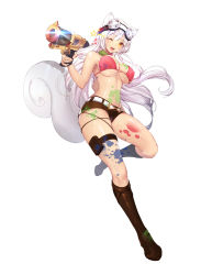 Rule 34 | 1girl, :d, animal ears, belt, bikini, bikini top only, blush, boots, breasts, brown footwear, cleavage, dermiss, goggles, goggles on head, gun, large breasts, long hair, looking at viewer, one eye closed, open mouth, paint on body, pink bikini, short shorts, shorts, smile, solo, squirrel ears, squirrel tail, star (symbol), swimsuit, tail, thigh strap, underboob, weapon, white hair, yellow eyes