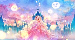 Rule 34 | 1girl, :d, castle, cloud, cross, dress, flower, frills, hair flower, hair ornament, hairband, jewelry, long hair, long sleeves, looking at viewer, mint5464, multicolored sky, open mouth, original, outdoors, pink dress, red eyes, sky, smile, solo, standing, very long hair, white hair