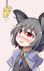 Rule 34 | 1girl, animal ears, blush, capelet, cheese, dress, fishing line, fishing lure, food, gem, grey dress, grey eyes, highres, hiro (pqtks113), jewelry, mouse ears, nazrin, necklace, open mouth, pendant, red eyes, simple background, solo, touhou, trembling