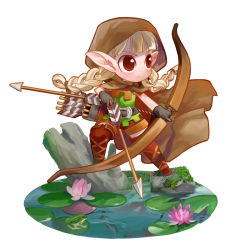Rule 34 | 1girl, :&lt;, arrow (projectile), blonde hair, bow (weapon), braid, brown eyes, cape, chibi, dragon&#039;s crown, elf (dragon&#039;s crown), female focus, gloves, hirai yukio, hood, lily pad, long hair, nature, outdoors, plant, pointy ears, quiver, solo, twin braids, weapon, white background