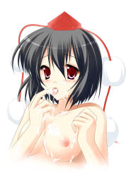 Rule 34 | 1girl, black hair, blush, breasts, completely nude, cum, cum in mouth, cum on body, cum on breasts, cum on upper body, cum string, hat, kamiya tomoe, looking at viewer, nipples, nude, open mouth, red eyes, shameimaru aya, short hair, solo, touhou
