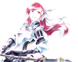 Rule 34 | 1girl, armor, breastplate, cherche (fire emblem), fire emblem, fire emblem awakening, highres, holding, holding polearm, holding weapon, looking to the side, nintendo, polearm, red eyes, red hair, samo game, smile, solo, upper body, weapon
