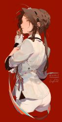 Rule 34 | 1girl, arched back, ass, bolt action, braid, brown hair, formal, french braid, from behind, girls&#039; frontline, gloves, green eyes, gun, hair bun, hair ornament, holding, jacket, lee-enfield, lee-enfield (girls&#039; frontline), long hair, looking back, medal, military, military uniform, pants, personification, rei (sanbonzakura), rifle, sidelocks, single hair bun, sleeves rolled up, solo, uniform, weapon, white gloves, white jacket, white pants