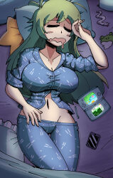Rule 34 | 1girl, alternate costume, blue pajamas, blue pants, blue shirt, breasts, cellphone, cleavage, closed eyes, clothes pull, collarbone, collared shirt, commentary, drooling, english commentary, frog hair ornament, green hair, hair ornament, hand on own head, hand on own stomach, hand up, handheld game console, highres, impossible clothes, impossible shirt, kevin arthur, kirby, kirby (series), kochiya sanae, large breasts, long hair, lying, messy sleeper, midriff, mouth drool, navel, nintendo, nintendo 3ds, on back, on bed, open mouth, pajamas, pants, pants pull, partially unbuttoned, phone, pillow, shirt, sidelocks, sleeping, sleeves rolled up, smartphone, snake hair ornament, solo, star-shaped pillow, stomach, thigh gap, touhou, unbuttoned, unbuttoned shirt