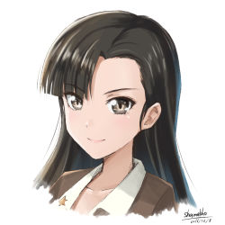 Rule 34 | 10s, 1girl, 2016, artist name, asymmetrical bangs, bad id, bad tumblr id, brown eyes, brown hair, brown jacket, chi-hatan military uniform, closed mouth, collarbone, commentary, dated, emblem, girls und panzer, jacket, long hair, looking at viewer, military, military uniform, nishi kinuyo, portrait, shamakho, shirt, simple background, smile, solo, star (symbol), uniform, white background, white shirt