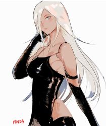 Rule 34 | 1girl, bare shoulders, blue eyes, elbow gloves, gloves, hair over one eye, joints, nier (series), nier:automata, robot joints, solo, takssmask, thighhighs, unfinished, white hair, a2 (nier:automata)