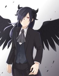 Rule 34 | 10s, 1boy, artist request, ascot, black ascot, black background, black hair, black pants, black suit, black wings, blue hair, blue vest, collared shirt, commentary request, dragon horns, dress shirt, expressionless, fafnir (maidragon), feathers, formal, glasses, gradient background, gradient hair, grey ascot, hair over one eye, horns, kobayashi-san chi no maidragon, long hair, long sleeves, male focus, multicolored hair, pants, pince-nez, red eyes, shirt, simple background, slit pupils, solo, suit, vest, white background, white shirt, wing collar, wings