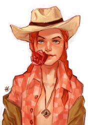 Rule 34 | 1girl, bad id, bad tumblr id, blue eyes, cowboy hat, fallout (series), fallout: new vegas, flower, hat, jewelry, necklace, red flower, red hair, red rose, rose, rose of sharon cassidy, tagme, unbuttoned