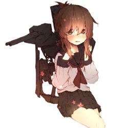 Rule 34 | 10s, 1girl, anchor symbol, blush, brown eyes, brown hair, cowboy shot, folded ponytail, gurin33, inazuma (kancolle), kantai collection, long hair, looking at viewer, machinery, matching hair/eyes, pleated skirt, school uniform, simple background, sitting, skirt, solo, uniform, white background