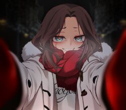 Rule 34 | 1girl, aqua eyes, blush, brown hair, coat, commentary, fur trim, gloves, grin, heart, heart-shaped pupils, highres, hololive, kukie-nyan, long hair, looking at viewer, natsuiro matsuri, red gloves, scarf, smile, solo, symbol-shaped pupils, virtual youtuber, winter clothes, winter coat